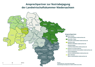 Übersichtskarte Nutriajäger - © GeoBasis-DE/LGLN 2026 / 2024 LWKN (www.nlwkn.niedersachsen.de/opendata) bearbeitet von Angelina-Zoe Brandt Übersichtskarte Nutriajäger