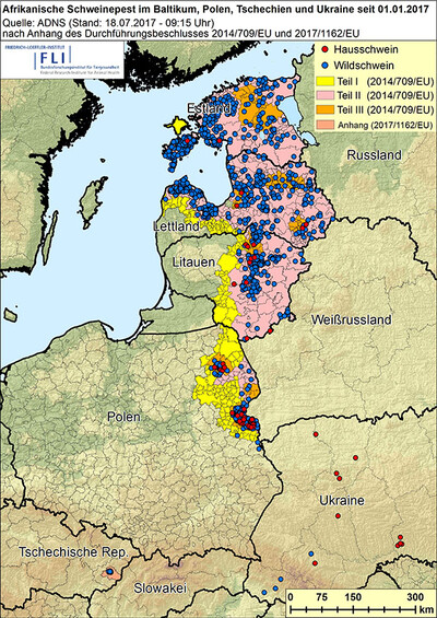 Afrikanische Schweinepest im Baltikum, Polen, Tschechien und Ukraine seit 01.01.2017 - © FLI Bundesforschungsinstitut für Tiergesundheit Afrikanische Schweinepest im Baltikum, Polen, Tschechien und Ukraine seit 01.01.2017