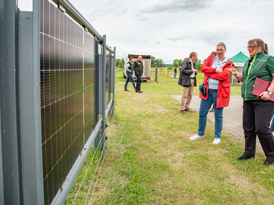 LWK-Herdenschutzkoordinatorin Elke Steinbach (2.v.r.) erl&auml;utert beim 2. Echemer Zauntag die Funktion einer Photovoltaikanlage, die f&uuml;r die Installation an Weidez&auml;unen geeignet ist.