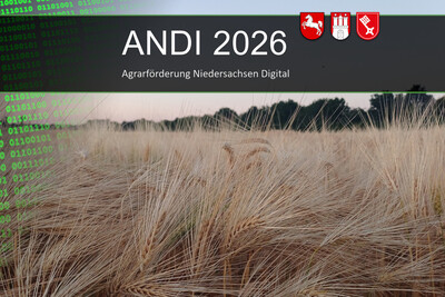 ANDI 2026 - © SLA Niedersachsen Getreidefeld mit digitalem Code und Text: ANDI 2026, Agrarförderung Niedersachsen Digital.