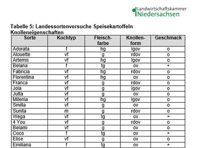 Eigenschaften der Kartoffelsorten