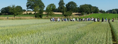 Gruppe von Menschen steht auf einem Feld mit gr&uuml;nen Pflanzen unter klarem, blauem Himmel. B&auml;ume im Hintergrund.