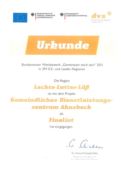 Urkunde Dienstleistungszentrum Ahnsbeck