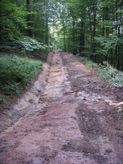 Ein in den Berg gekipptes Profil sichert die gute Befahrbarkeit in hängigem Gelände. Zusätzlich wurde eine Wasserableitung durch den Wegekörper eingebaut. - © Dieter Scholz Ein in den Berg gekipptes Profil (vorher)
