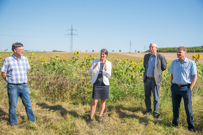 Landwirt Matthias Johns, Agrarministerin Miriam Staudte, Kammerpräsident Gerhard Schwetje und NABU-Geschäftsführer Dr. Holger Buschmann (v.l.) auf einer Fläche speziell für den Rebhuhnschutz nahe des Wolfenbütteler Ortsteils Leinde. - © Wolfgang Ehrecke Landwirt Matthias Johns, Agrarministerin Miriam Staudte, Kammerpräsident Gerhard Schwetje und NABU-Geschäftsführer Dr. Holger Buschmann (v.l.) auf einer Fläche speziell für den Rebhuhnschutz nahe des Wolfenbütteler Ortsteils Leinde.
