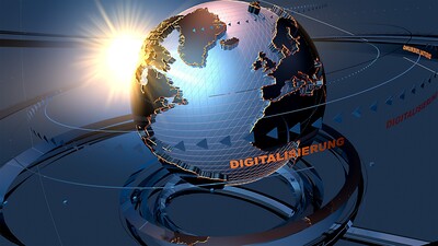 - © PIRO4D / pixabay.com Glänzende Weltkugel mit digitalem Netz und Schriftzug "Digitalisierung", im Hintergrund ein leuchtender Sonnenaufgang.