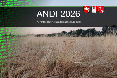 Getreidefeld mit digitalem Code und Text: ANDI 2026, Agrarf&ouml;rderung Niedersachsen Digital.