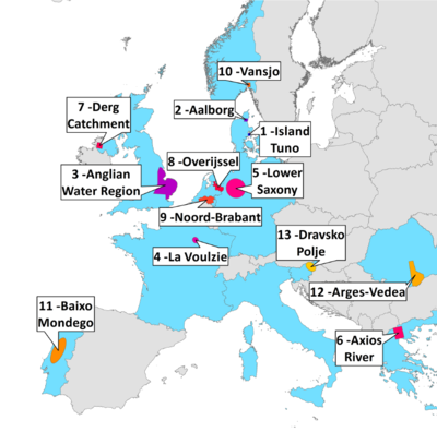 &Uuml;bersicht der 13 FAirWAY-Fallstudien Quelle: P. Schipper, Wageningen Environmental Research