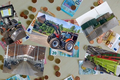 Strategische Unternehmensplanung - © Rolf Fricke Mehrere Fotos von landwirtschaftlichen Maschinen und Gebäuden auf einem Tisch mit Euro-Scheinen und Münzen verteilt.