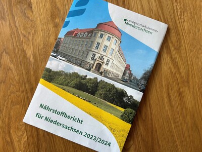 Nährstoffbericht 2023/2024 - © Jutta Klaukien Broschüre mit der Aufschrift "Nährstoffbericht für Niedersachsen 2023/2024" und Bildern eines Gebäudes und einer Landschaft.
