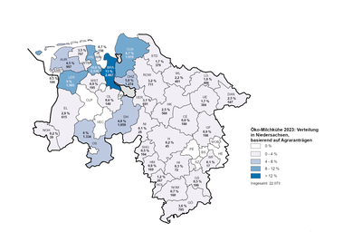 Öko-Milchkühe 2023:Verteilung in Niedersachsen, basierend auf Agraranträgen