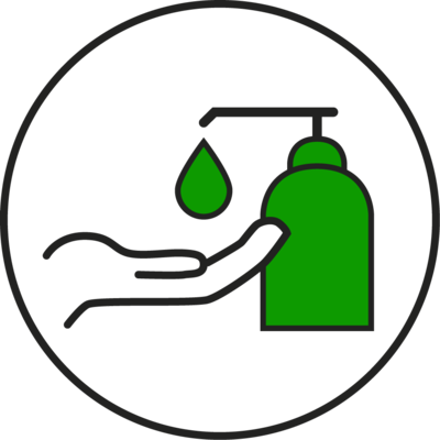 Hände waschen - © Isabell Eilers Symbol eines grünen Seifenspenders mit Tropfen und Hand in einem Kreis.