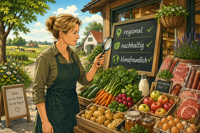 KI-generierte Illustration einer Direktvermarkterin bei der Pr&uuml;fung von Nachhaltigkeitsaussagen.