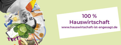 Collage mit Gem&uuml;se, Haushaltsgegenst&auml;nden und Text "100 % Hauswirtschaft" auf gr&uuml;nem Hintergrund.