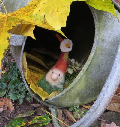 - © Kristina Stojek Filzzwerg mit roter Mütze sitzt in einer alten Gießkanne, umgeben von Herbstblättern und Pflanzen.