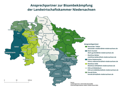 Übersichtskarte Bisamjäger - © GeoBasis-DE/LGLN 2026 / 2024 LWKN (www.nlwkn.niedersachsen.de/opendata) bearbeitet von Angelina-Zoe Brandt Übersichtskarte Bisamjäger