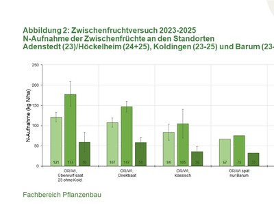 Abbildung 2: Stickstoff-Aufnahme November 2023-2025 von Zwischenfruchtbeständen mit unterschiedlichen Aussaatterminen - © Annette Hoffmann Abbildung 2: Stickstoff-Aufnahme November 2023-2025 von Zwischenfruchtbeständen mit unterschiedlichen Aussaatterminen