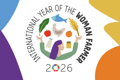 Buntes Logo mit einer Frau, umgeben von landwirtschaftlichen Symbolen und dem Text "International Year of the Woman Farmer 2026".
