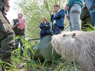 Ergebnisse und Herausforderungen der Nutriajagd: Fachleute der LWK, Vertreter*innen der J&auml;gerschaft sowie des Unterhaltungsverbandes am 11.05.2022 beim Treffen mit Agrarministerin Barbara Otte-Kinast an der Vechte bei Quendorf (Grafschaft Bentheim).